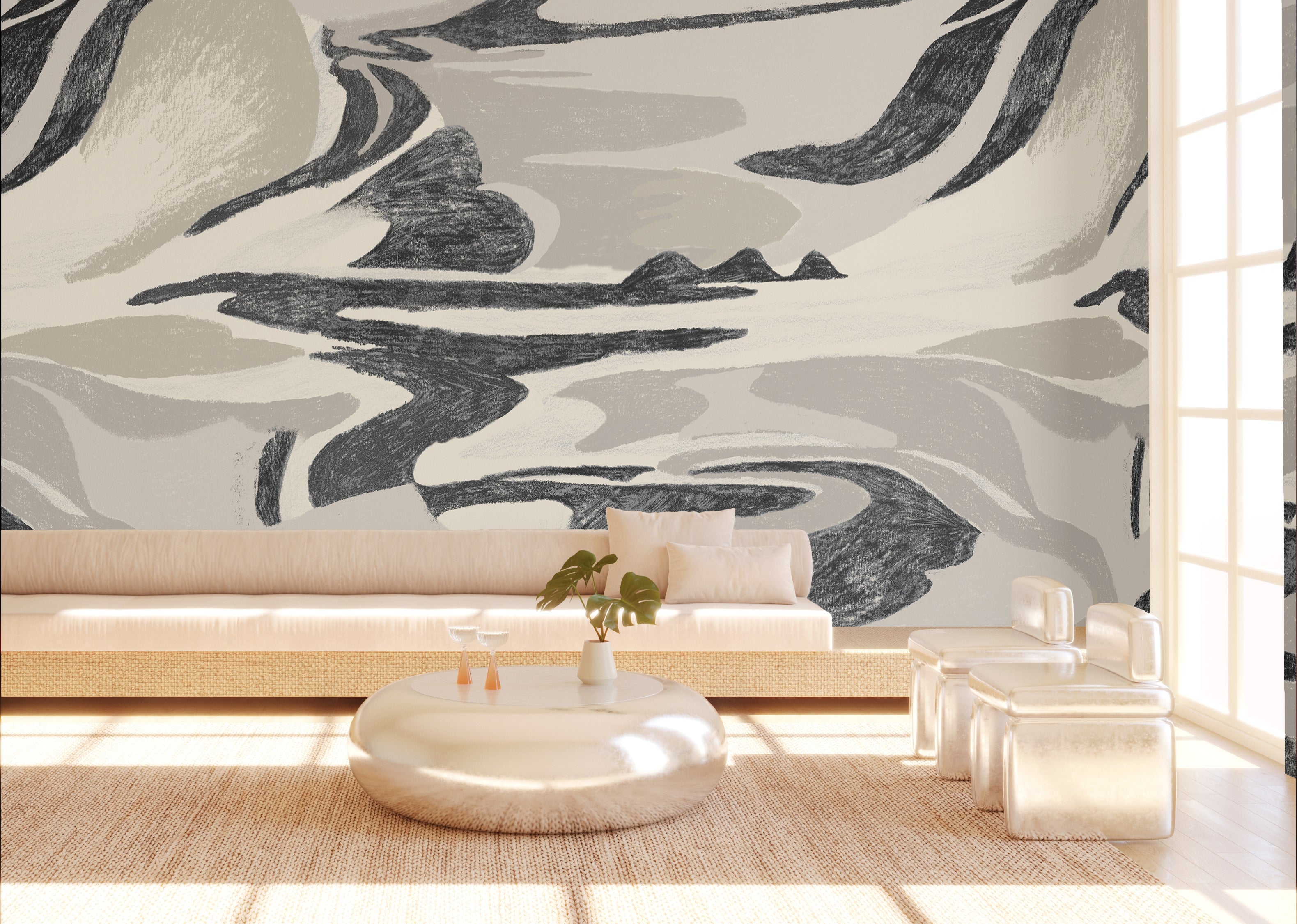 American Landscape© Mural Wallpaper in black + creme
