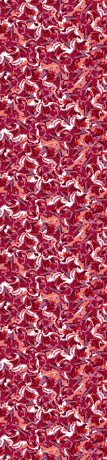 A roll of untrimmed Iris wallpaper in berry colors with a floral pattern from drop it MODERN.