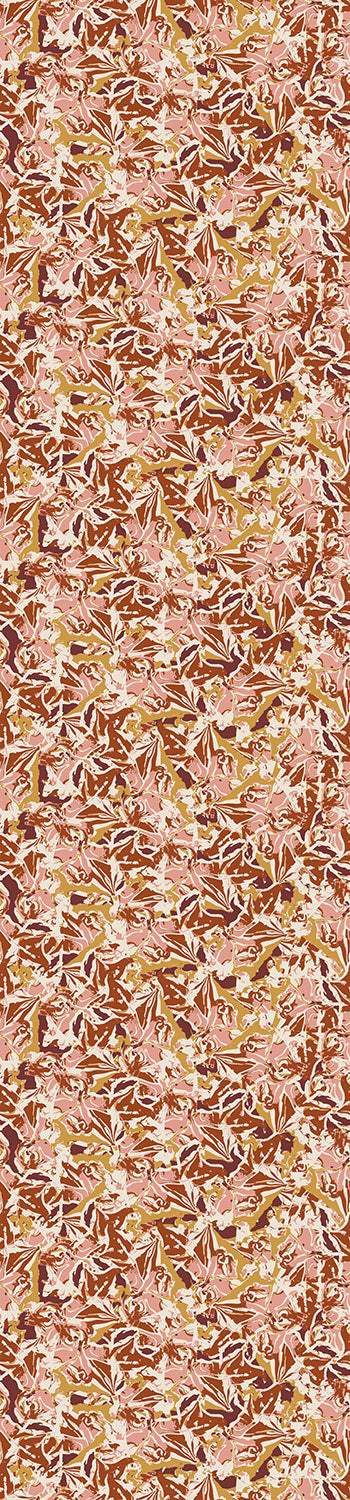 A roll of Iris© Wallpaper in Canyon design, showing a floral pattern with beige, brown, pink, and yellow colors from drop it MODERN.