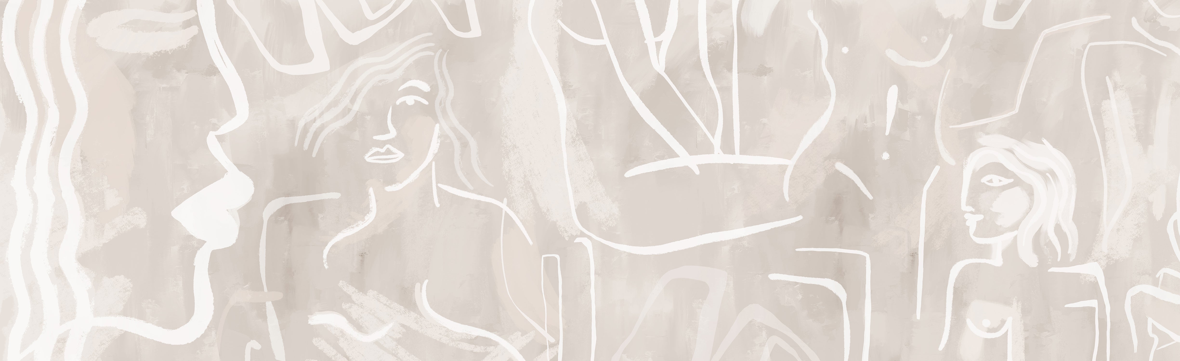 A section of mural wallpaper depicting an abstract face in beige, white, and pastel colors on a wall from drop it MODERN.