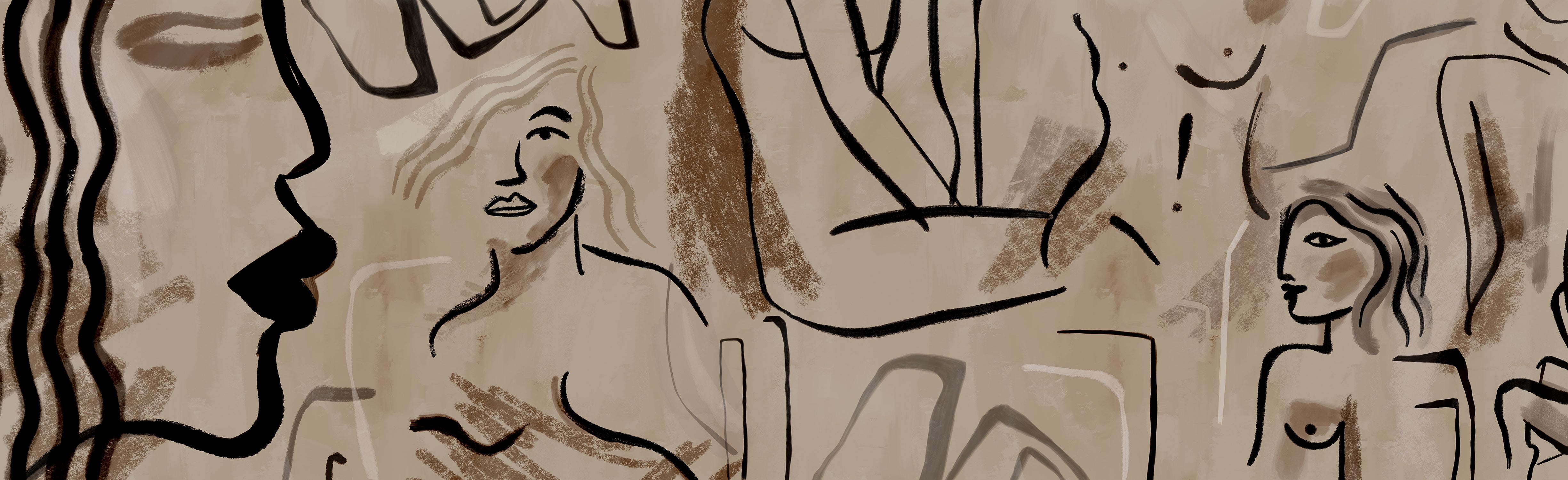 A section of mural wallpaper depicting an abstract face in beige, brown, and black tones on a white background from drop it MODERN.