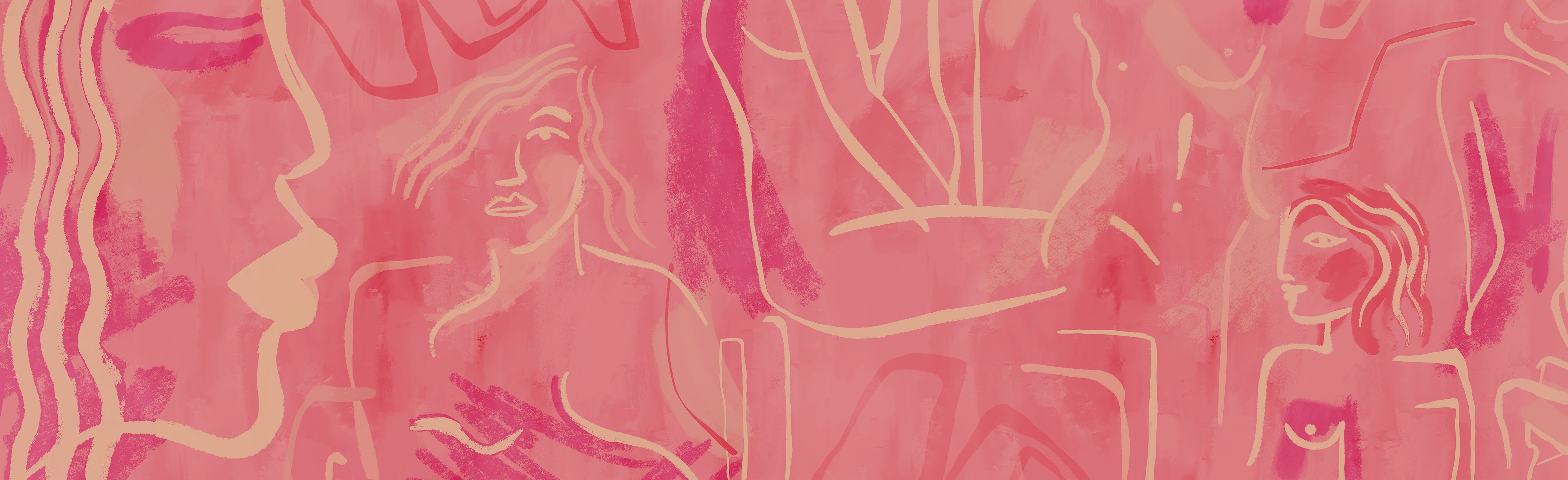 A roll of Famke Mural Wallpaper in fuchsia with a abstract design featuring what appears to be flowing lines and possibly female forms in pink and beige tones from drop it MODERN.