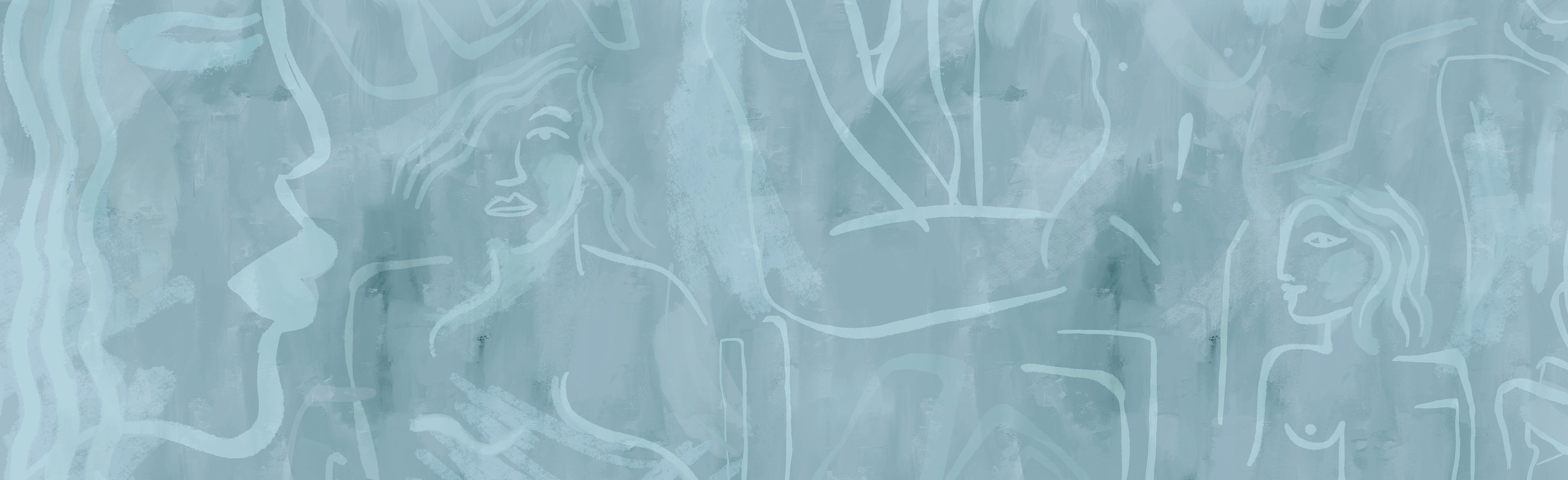 A section of mural wallpaper depicting abstract blue tones with hints of faces or figures from drop it MODERN.
