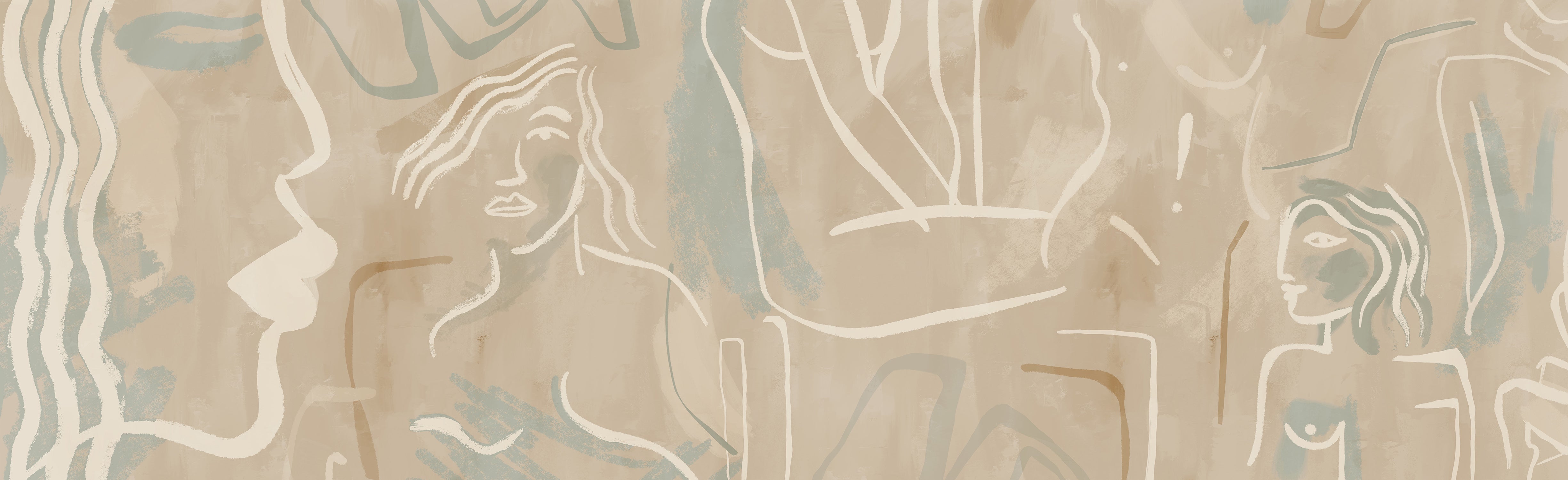 A section of mural wallpaper depicting abstract line art with beige, blue, green, and pastel colors on a neutral background from drop it MODERN.