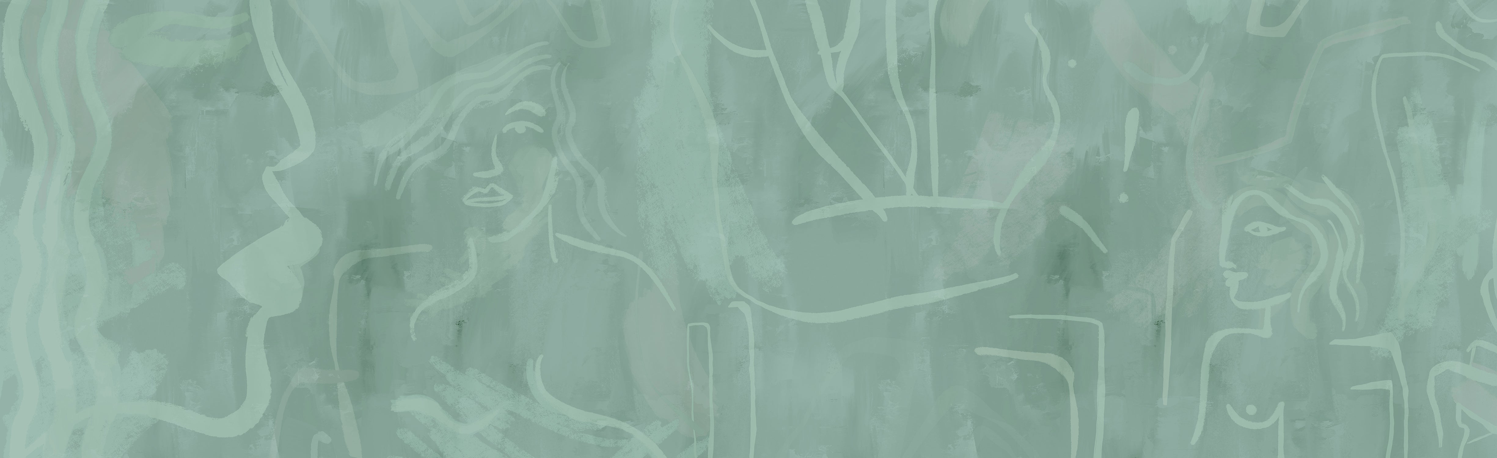 A section of mural wallpaper in teal color with an abstract design that includes what appears to be face-like features from drop it MODERN.