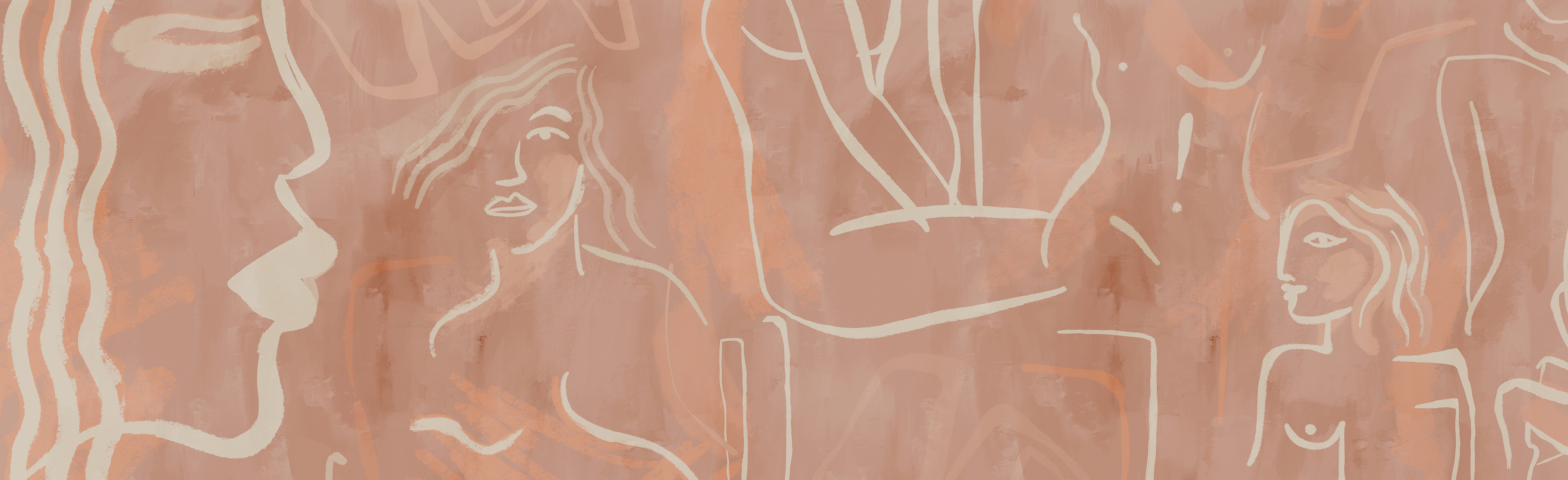 A section of mural wallpaper depicting abstract line art in beige, brown, and white colors on a terracotta background from drop it MODERN.