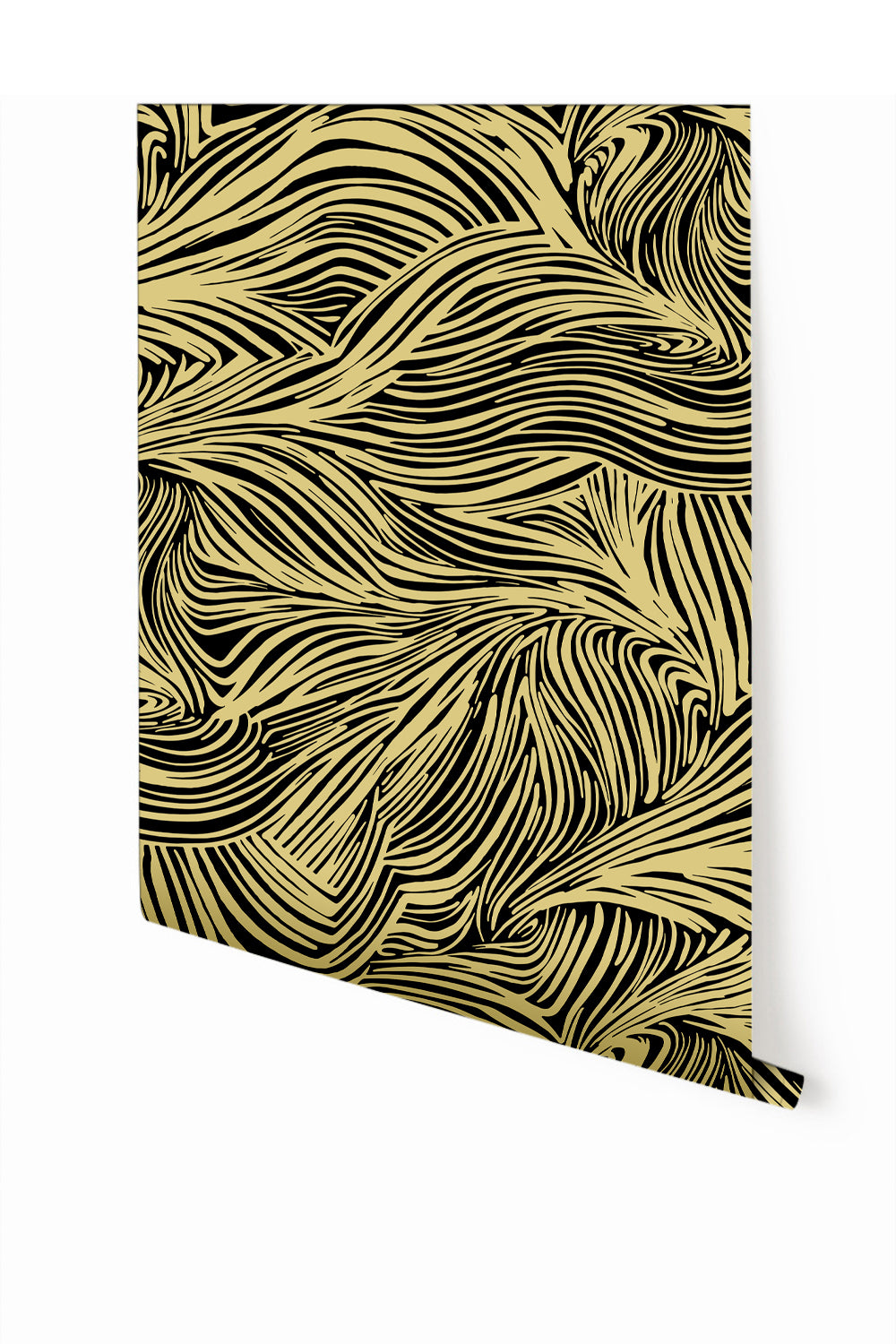 A roll of wallpaper featuring a geometric pattern with gold and black colors from drop it MODERN.