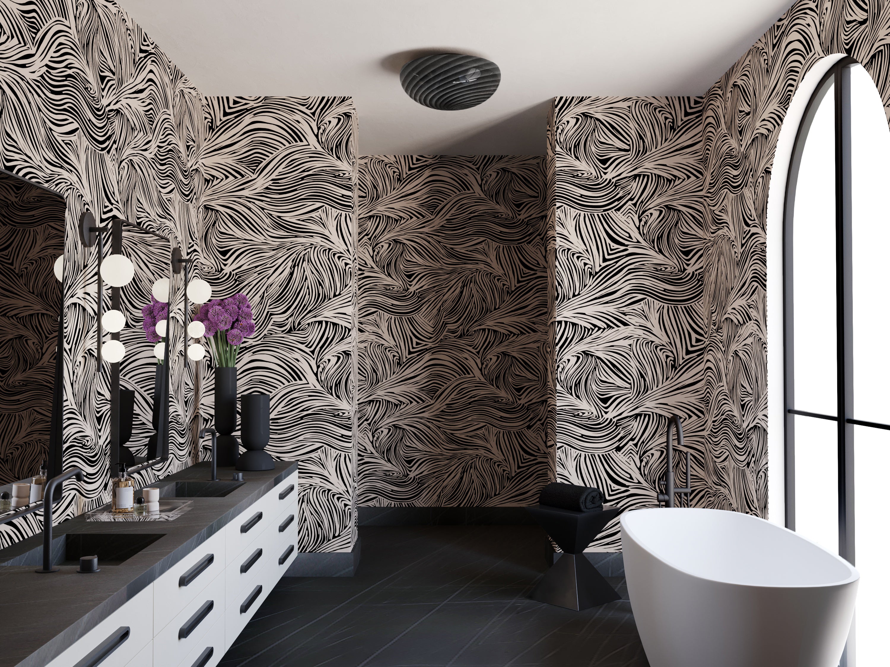 The Hay Bale© Wallpaper in Pueblo + Black in a residential bathroom from drop it MODERN