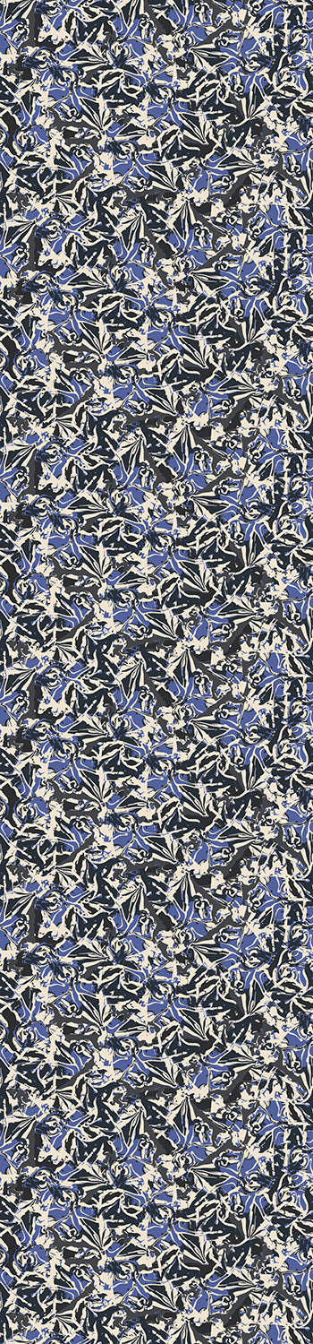 A roll of Iris wallpaper in indigo color, featuring a floral pattern with leaves and buds from drop it MODERN.