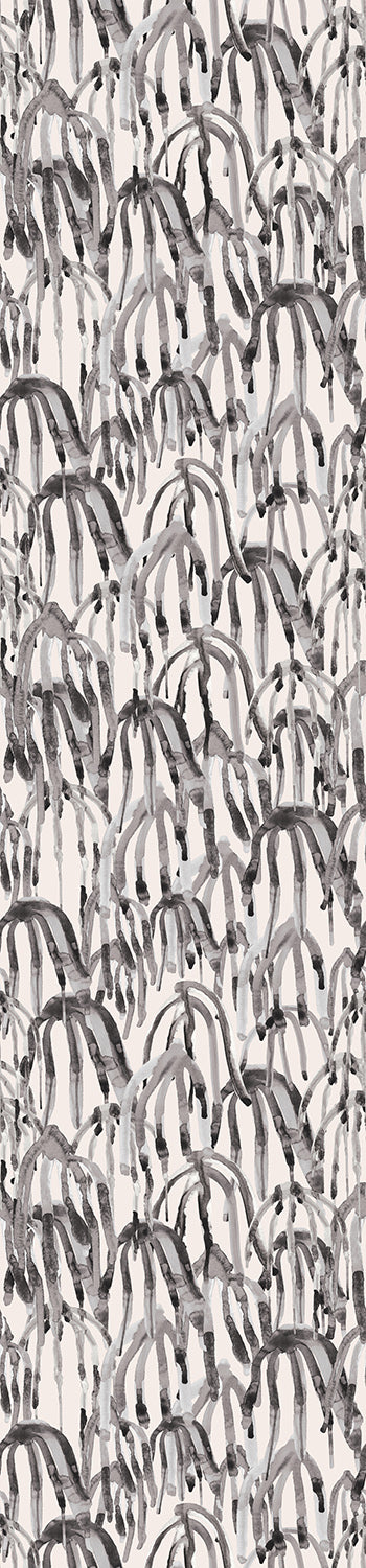 A wallpaper featuring a black and beige floral pattern on a white background from drop it MODERN.