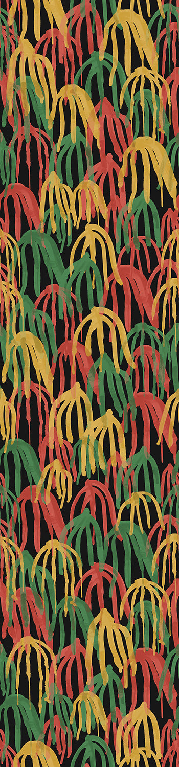 A roll of untrimmed wallpaper featuring a bold, multicolored floral pattern from drop it MODERN.