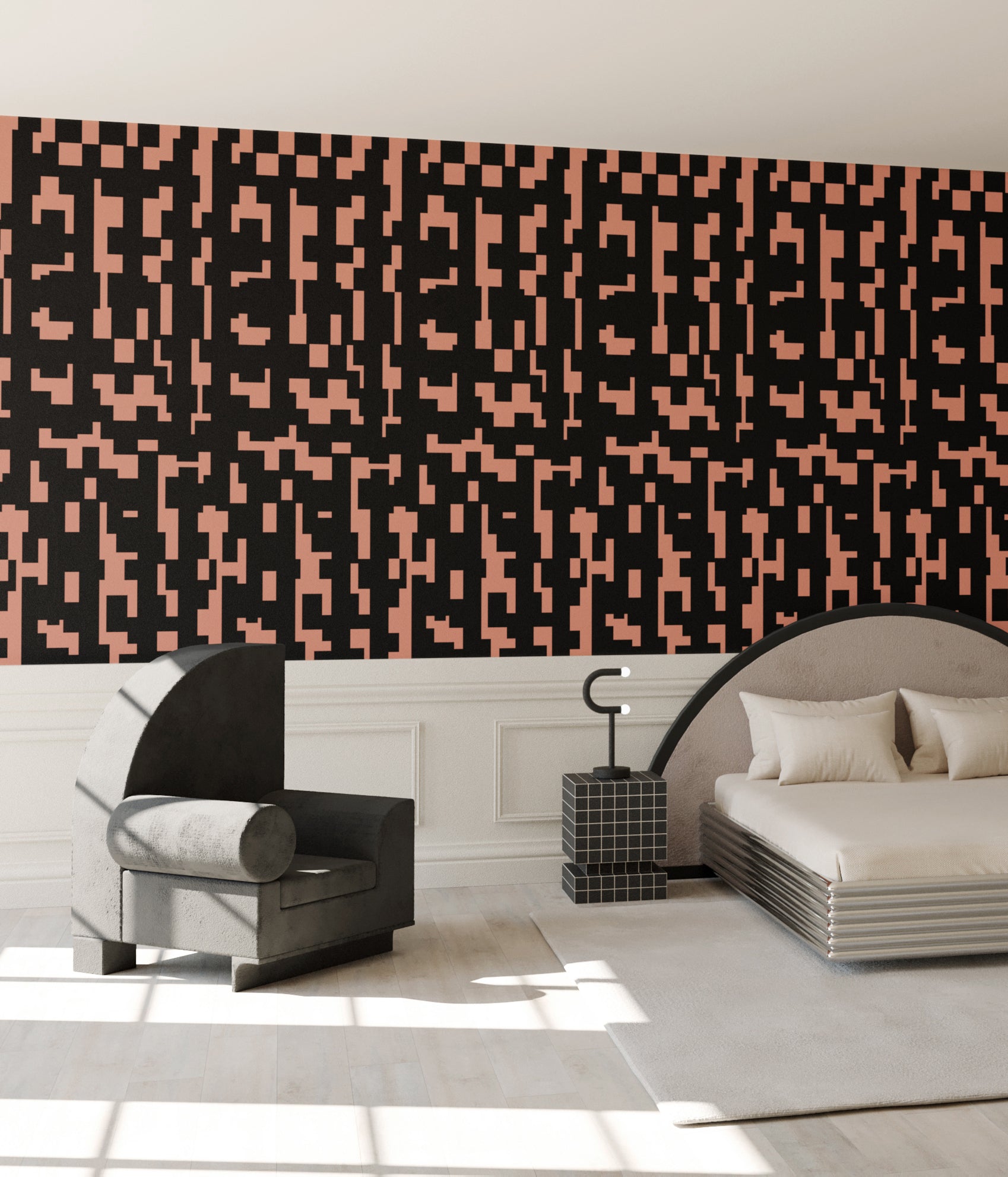 Mainframe© Wallpaper in Strawberry Kiss + Black