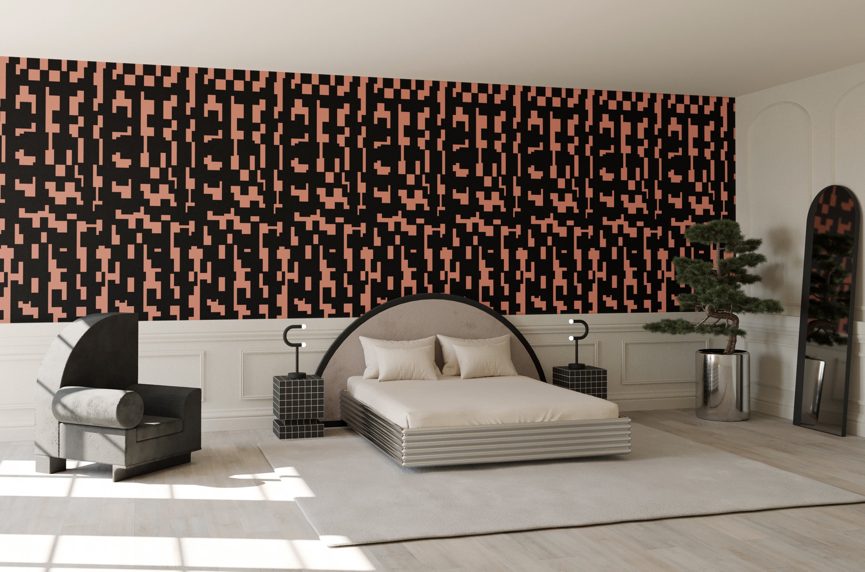 Mainframe© Wallpaper in Strawberry Kiss + Black