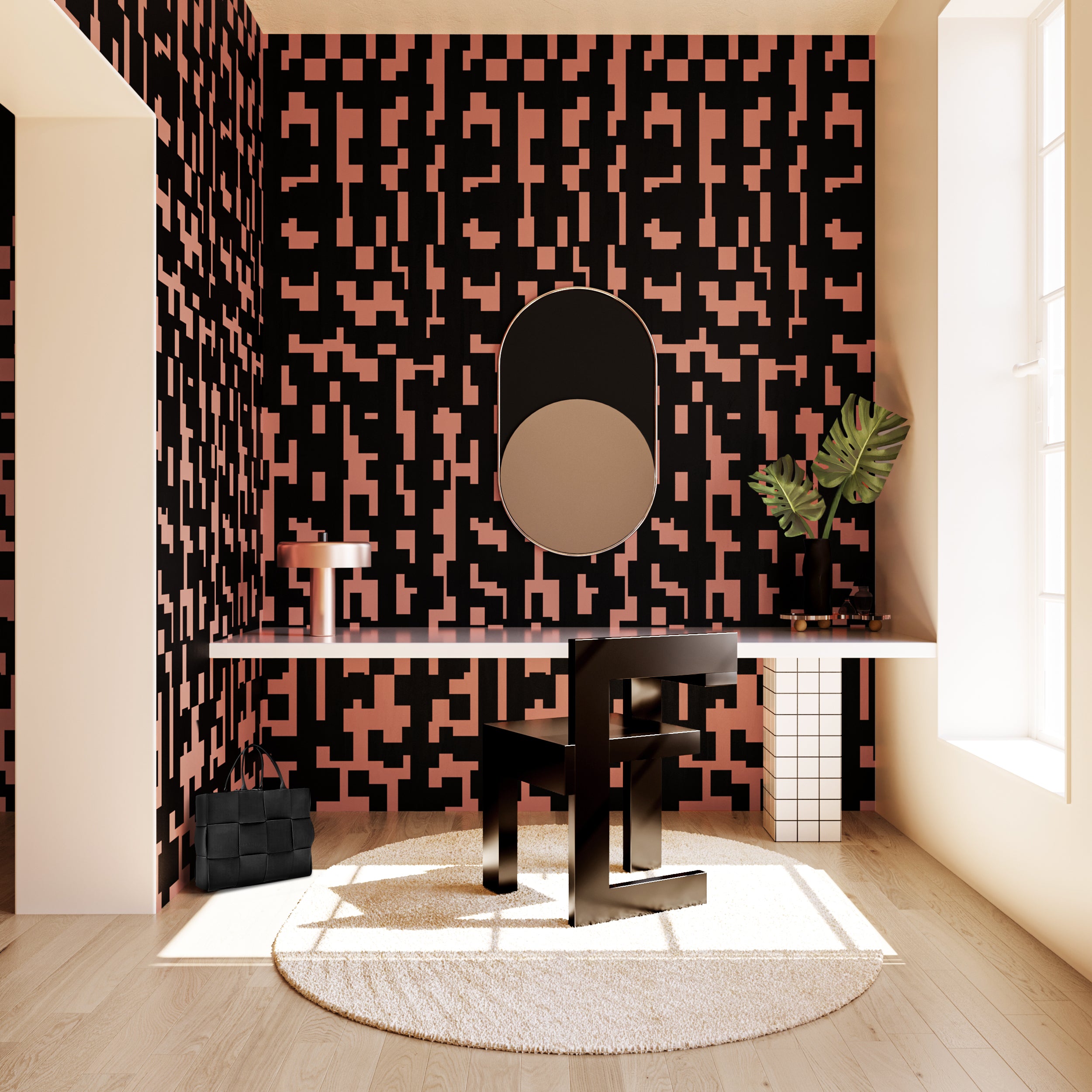 Mainframe© Wallpaper in Strawberry Kiss + Black