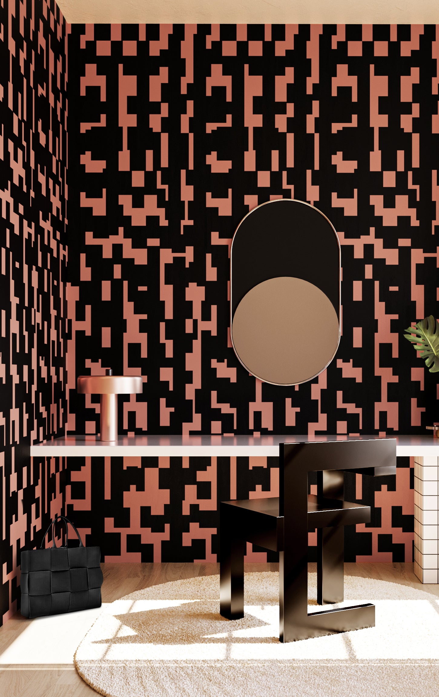 Mainframe© Wallpaper in Strawberry Kiss + Black