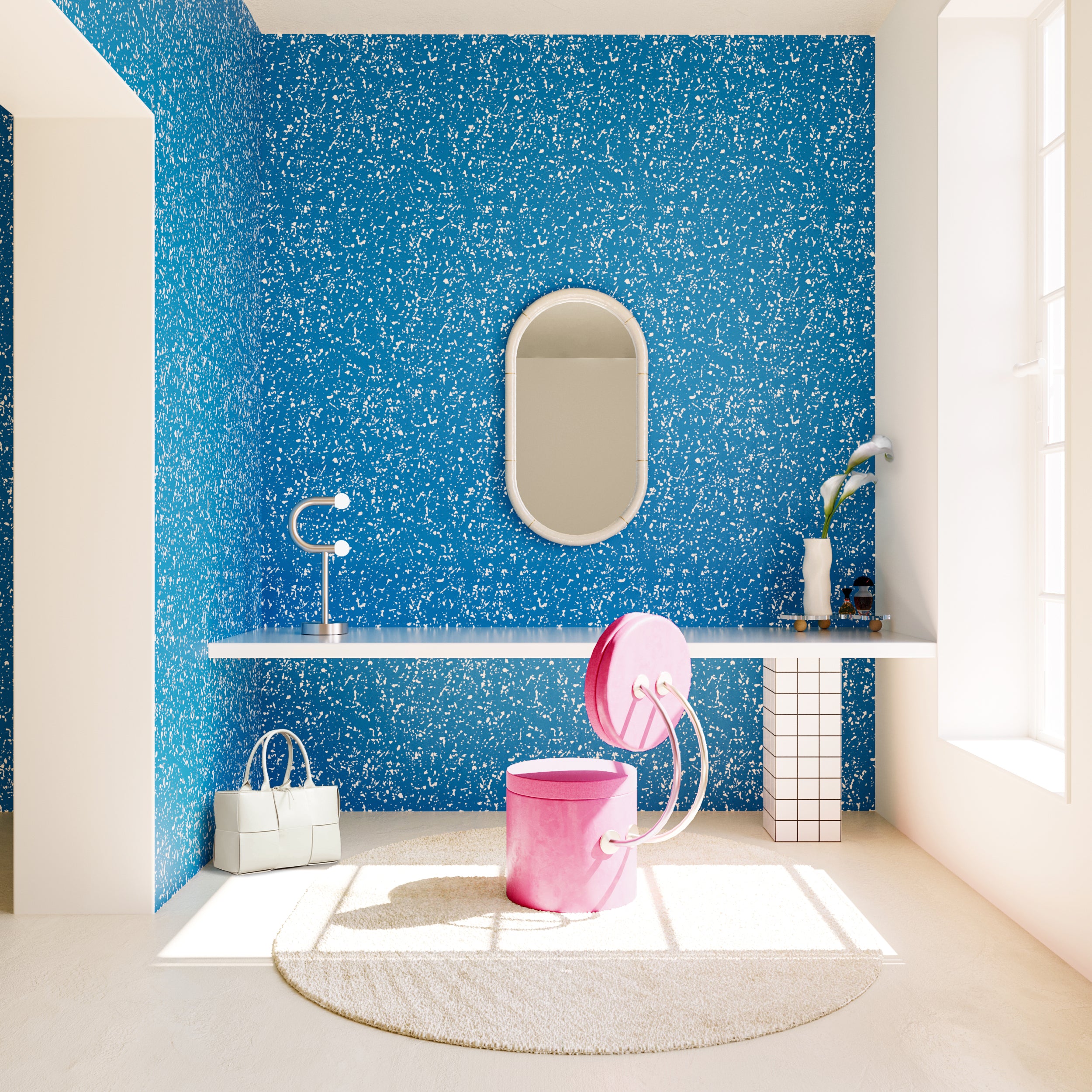 Memphis© Wallpaper in Electric Blue + Cremé