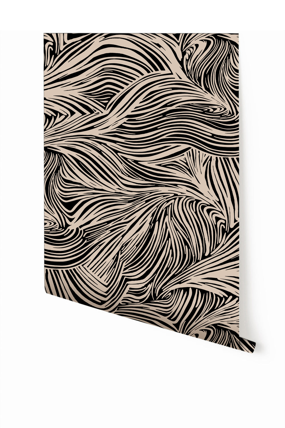 A roll of wallpaper featuring a geometric pattern with black and brown colors from drop it MODERN.