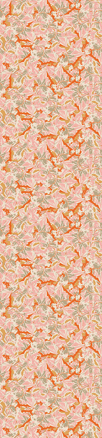A rolled-up wallpaper featuring a floral pattern with beige, orange, and pink colors on a white background from drop it MODERN.
