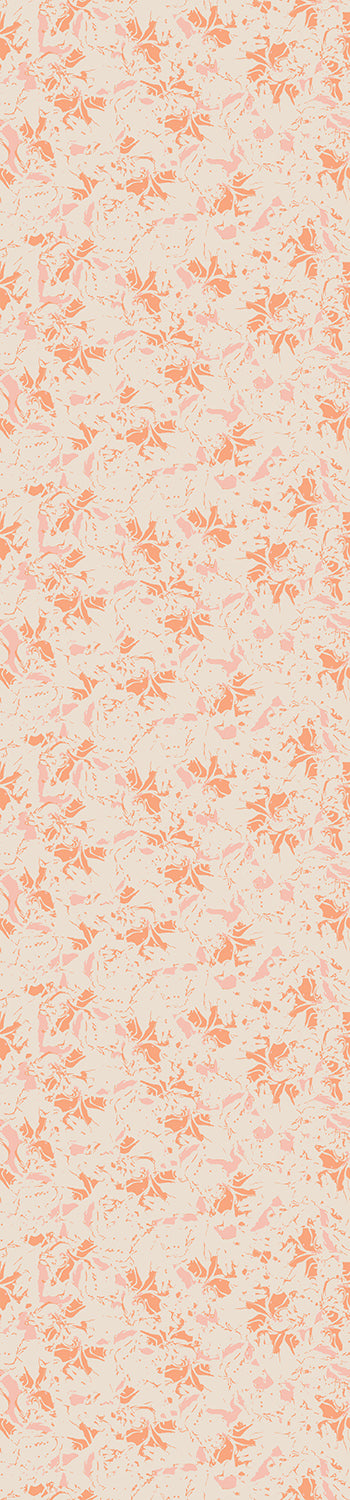 A rolled-up wallpaper showing a floral pattern with orange and pink flowers on a white background from drop it MODERN.