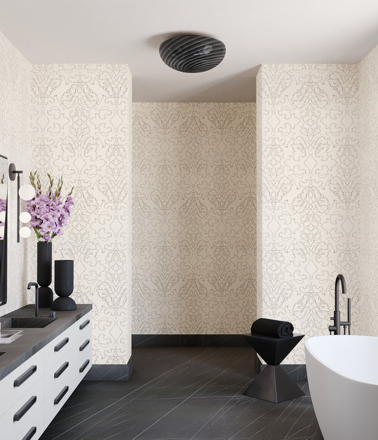 Western Damask© Wallpaper in Black + Cremé