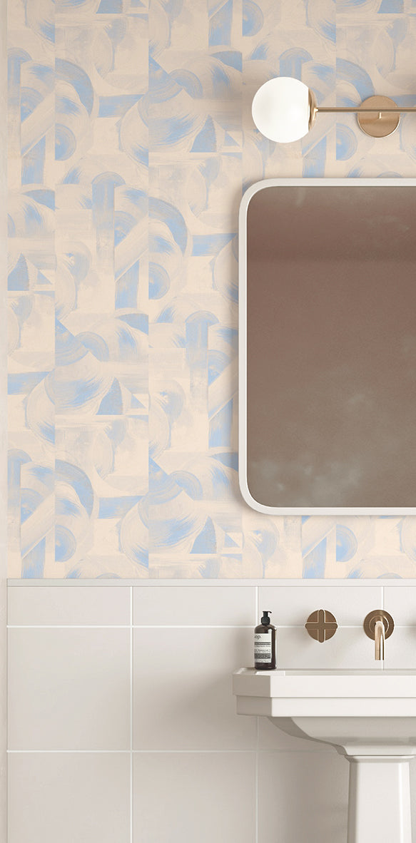 Block Party© Wallpaper in Blue + Tan