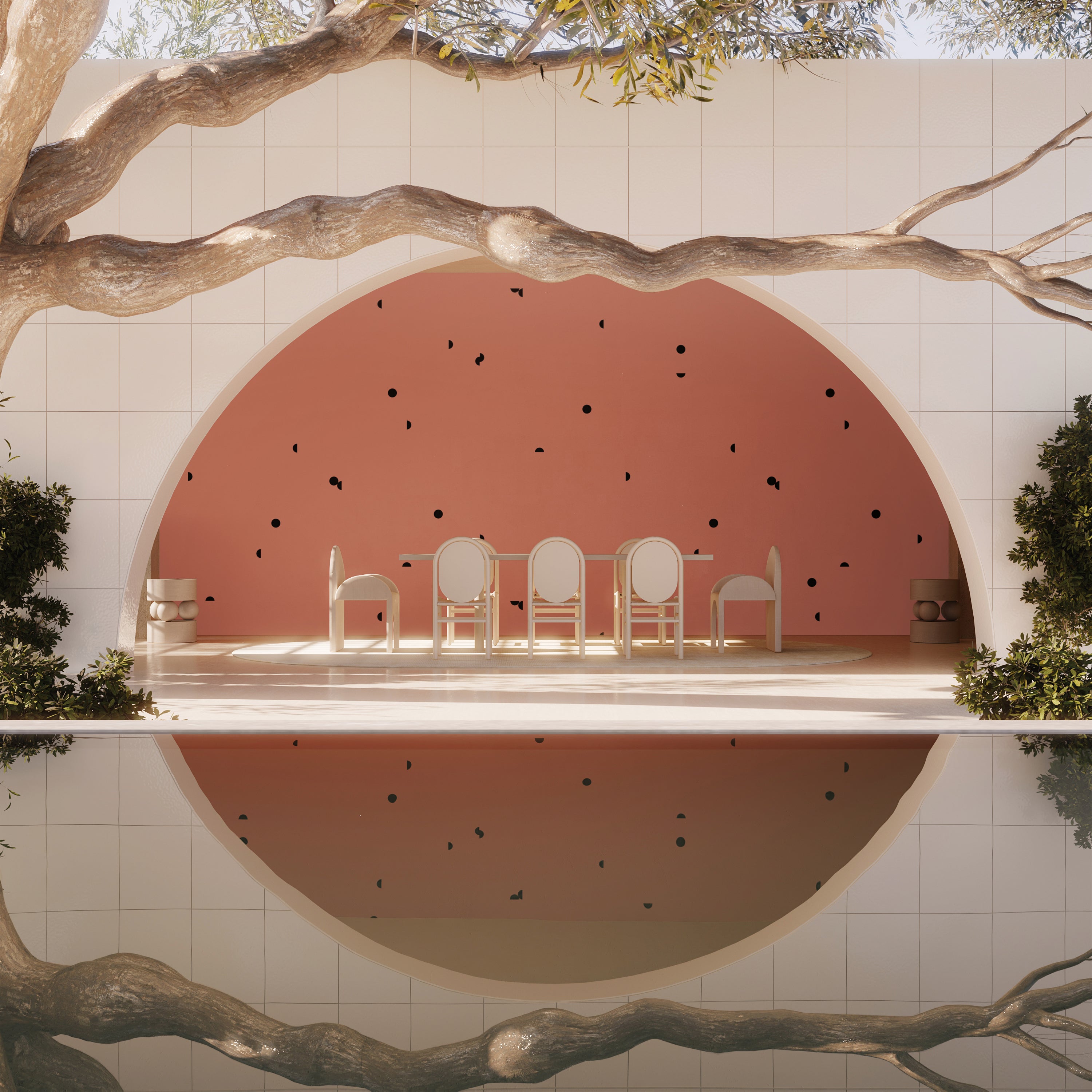 Mezzaluna© Wallpaper in Strawberry Kiss + Black